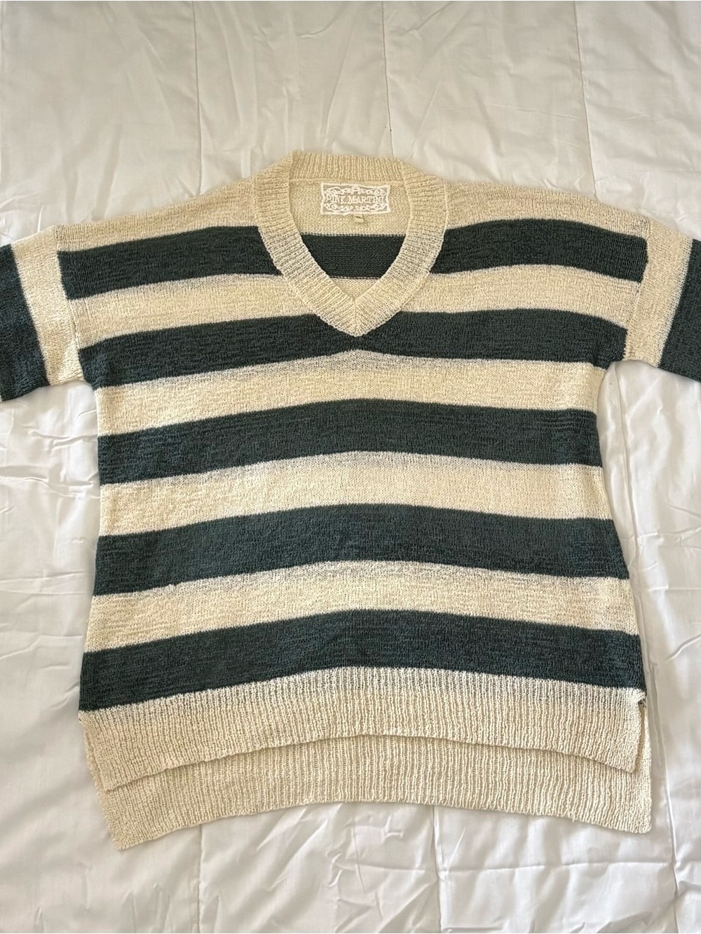 Striped V-Neck Men's Sweater in Cream and Dark Green - Picture 3 of 14
